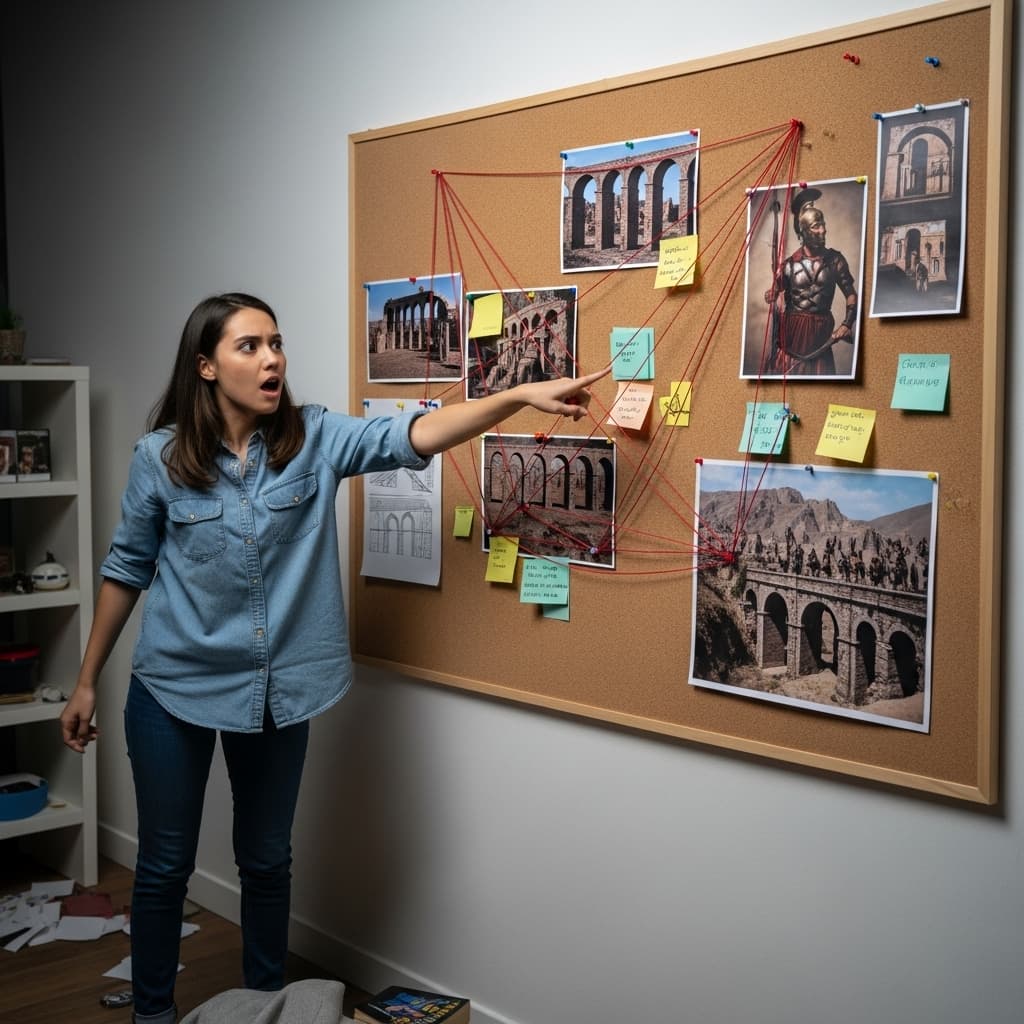 AI generated: A photo of a tired girlfriend in front of a giant corkboard. The corkboard is covered in diagrams of...