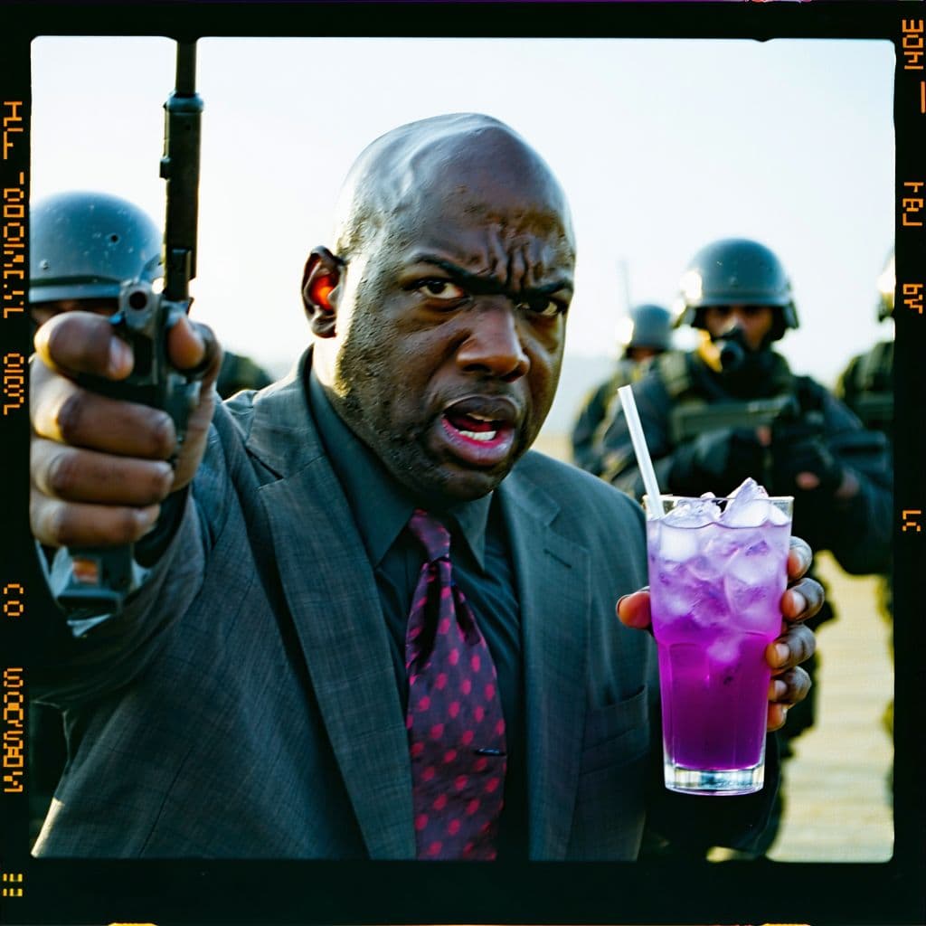 AI generated: grainy 80's photograph quality polaroid of firing squad shooting a big fat bald fearful black man wi...