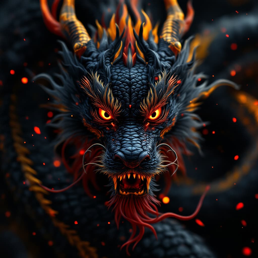 AI generated: A Chinese black dragon,full body detail of dragon scalesdark background black and yellow and red,cre...