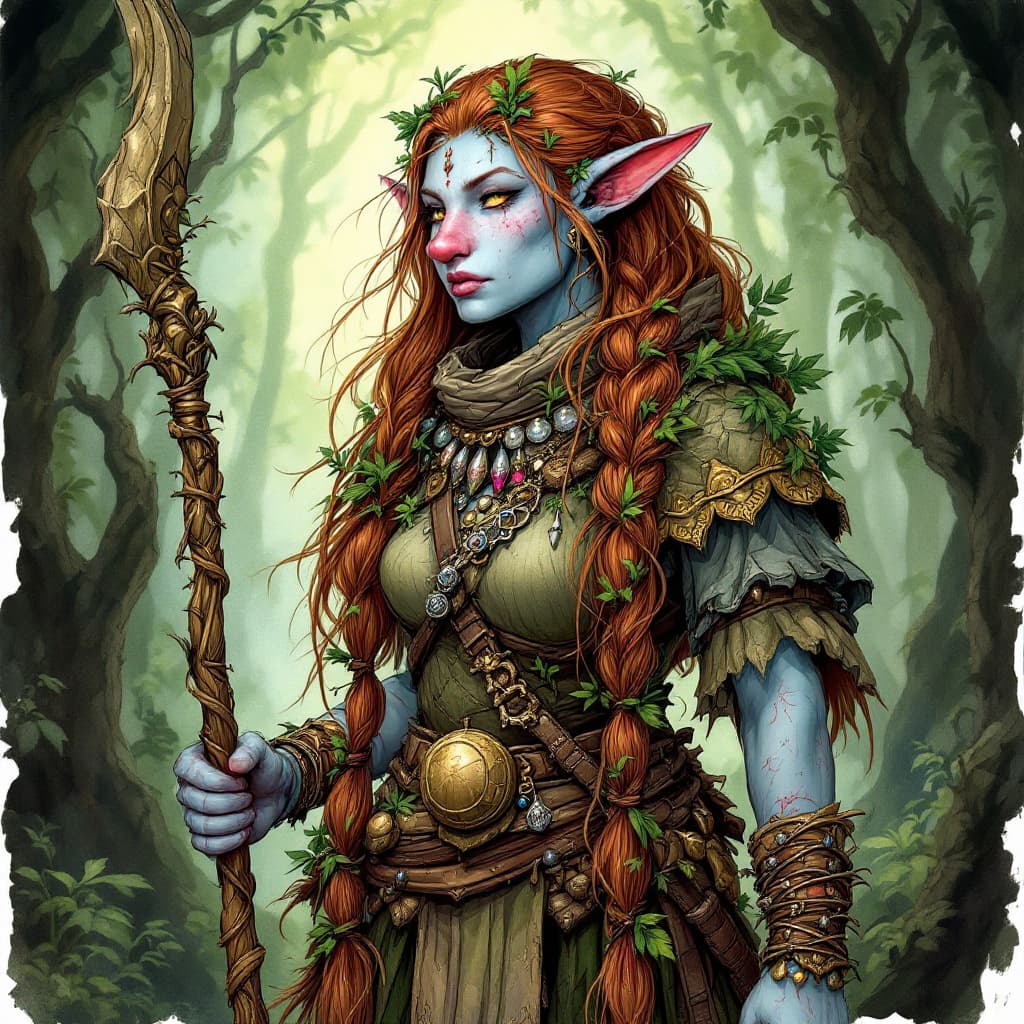 AI generated: dnd female firbolg forest druid level 1, from the feywild, brown hair, light blue freckled skin tone...