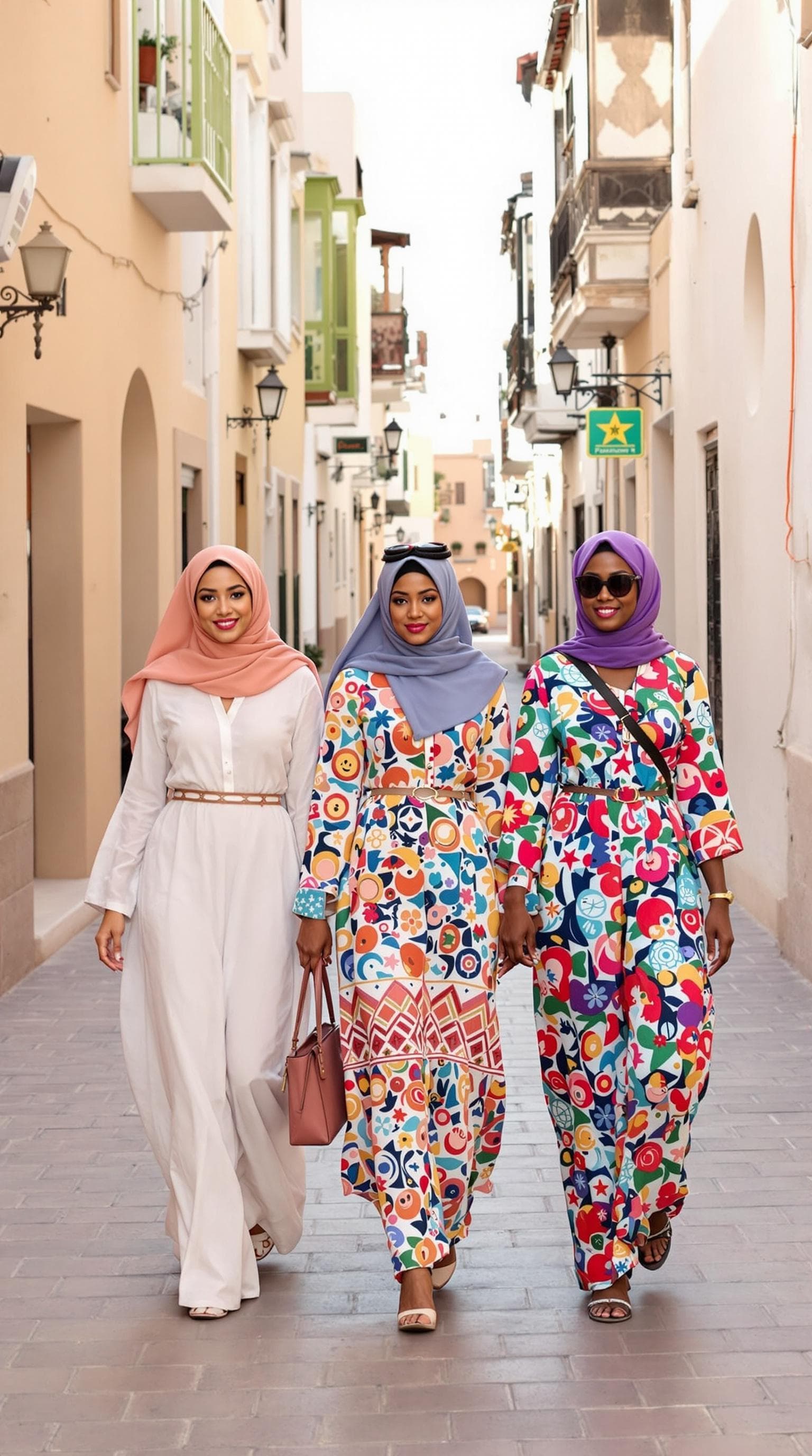 AI generated: 10. Multikulturelles Flair in der Al Seef Altstadt**  
Drei Frauen aus unterschiedlichen Herkunftslä...