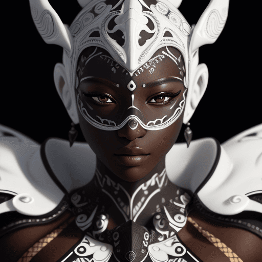 AI generated: intricate closeup shot, masterpiece artwork, black skin-tight body, tribal, suit, white accent, deta...