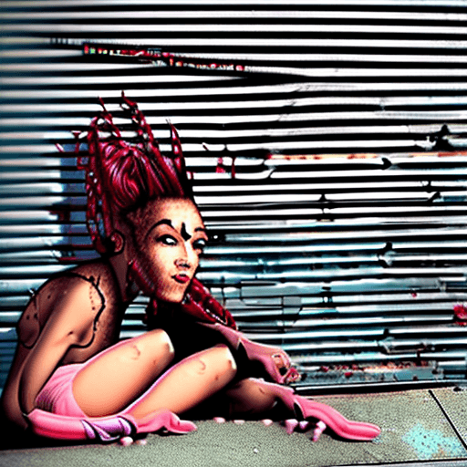 AI generated: a slender punk female sitting reclined against the wall of a dark street savoring a short cigarette,...