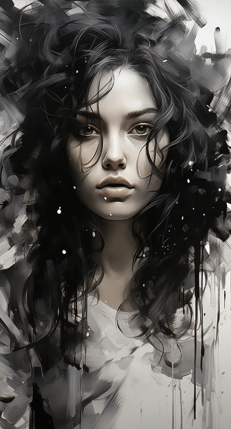 AI generated: black and white painting of a women in white with splatters, in the style of russ mills, hyper-reali...