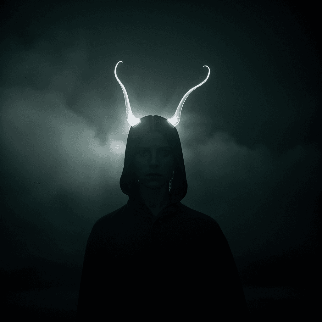 AI generated: transparent glass demon gas horns, haunted depth of field bokeh gas cloud by Alessio Albi and Paul B...