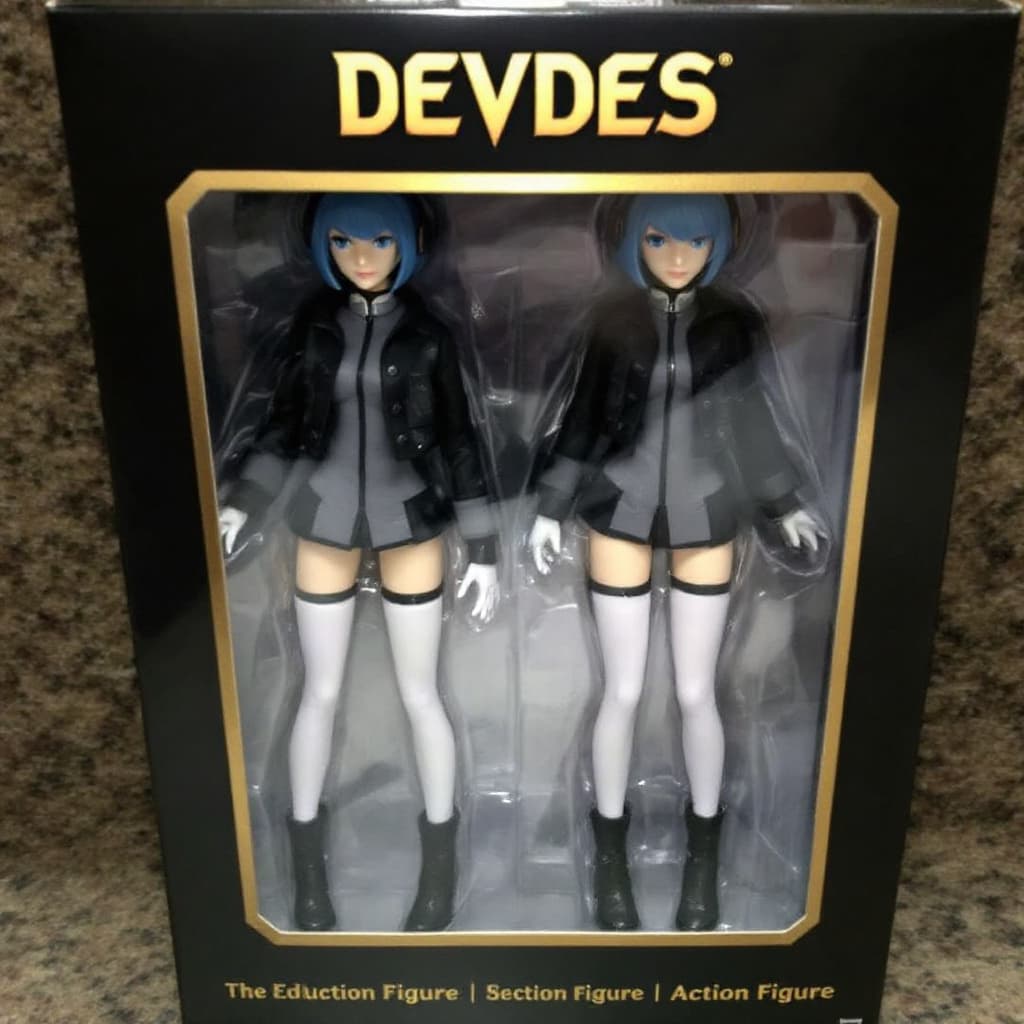 AI generated: The image shows a pair of DEVDES action figures in their packaging. The packaging is black with a go...