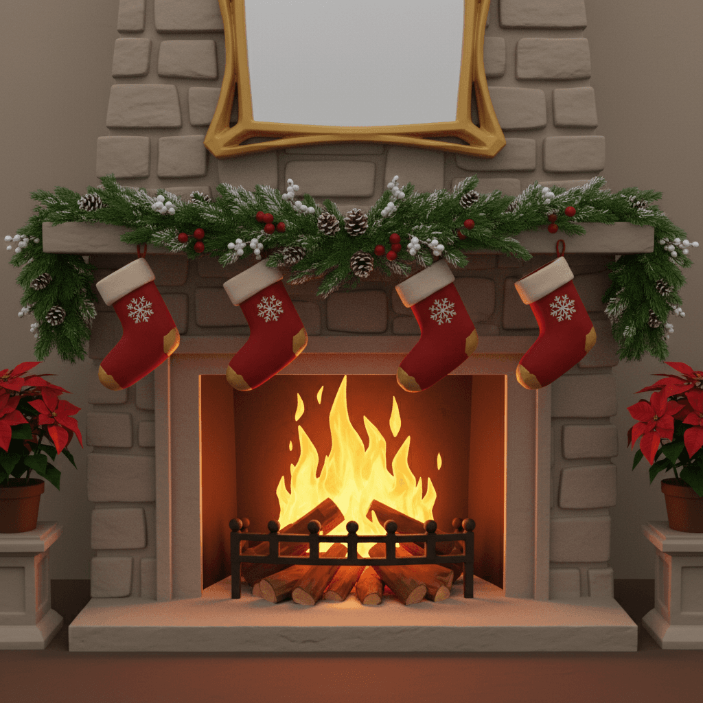 AI generated: "3D model of a fireplace decorated with Christmas stockings, pine garland, and a roaring fire"