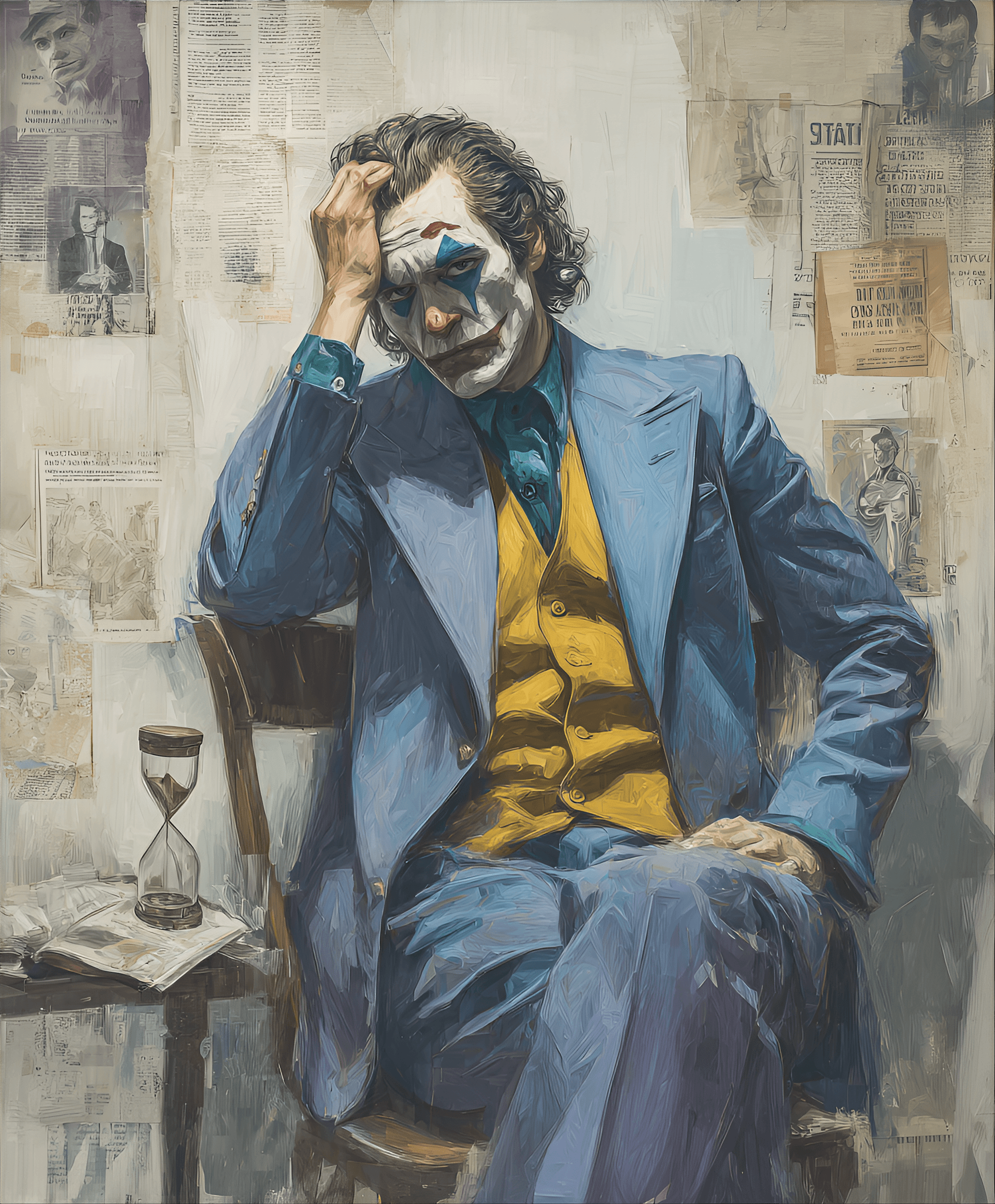 AI generated: The Joker, Caucasian, mid-30s, seated, wearing a faded blue suit jacket over a mustard yellow vest, ...