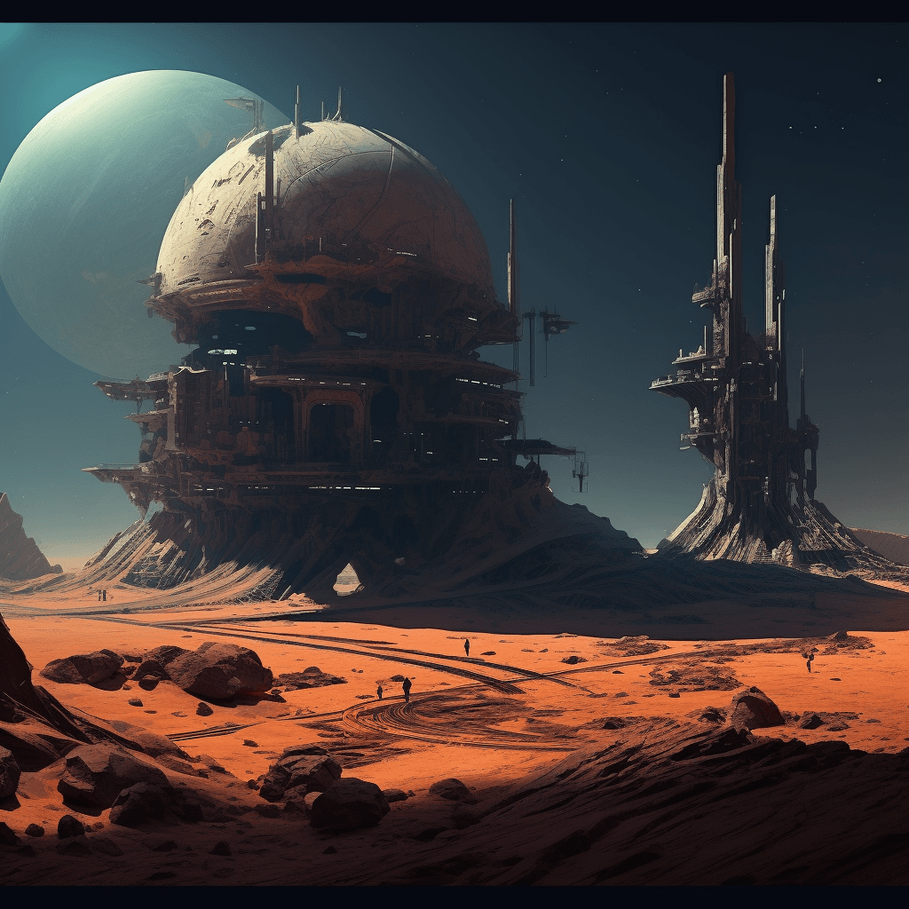 AI generated: Alien machinery, alien ruins, sci fi, science outpost, exoplanet 