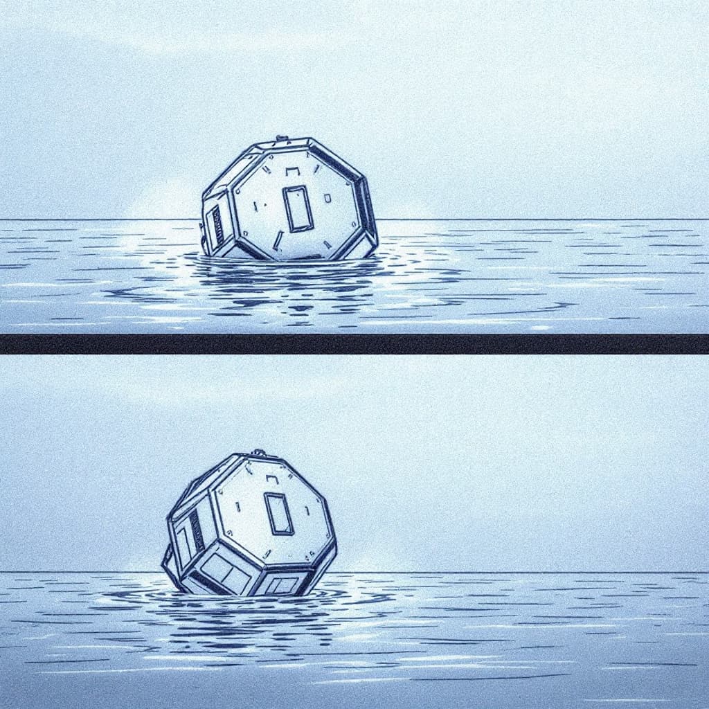AI generated: [Image: Sketch of the Jascon-4 spacecraft on the water, then tipped over.]