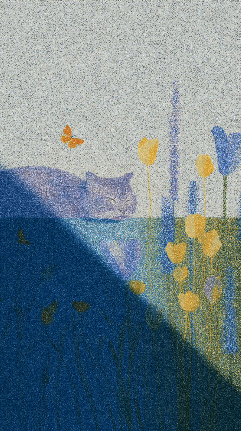 AI generated: A hand-drawn illustration of an English garden with a cat sleeping and lavender and agapanthus and j...