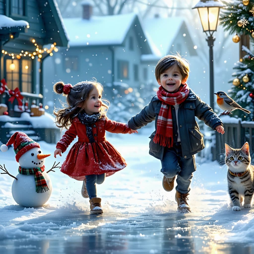 AI generated: A magical, heartwarming winter scene in a modern USA animated Christmas style, featuring a cheerful ...