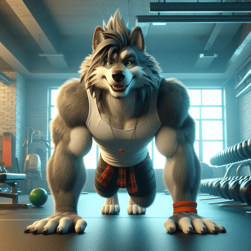 AI generated: Cinematic professional 3D animation of a long-furred anime wolf man doing dumb crazy stunts in a gym