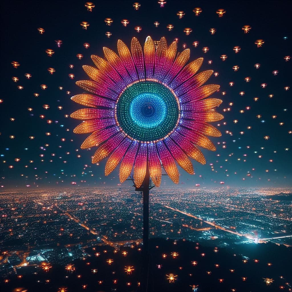 AI generated: "a photograph taken professionally at night of the sky that showcases hundreds of drones with colorf...