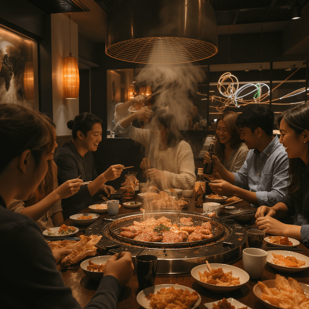 AI generated: Korean cultural experience scene with people enjoying Korean BBQ and soju in a modern restaurant set...