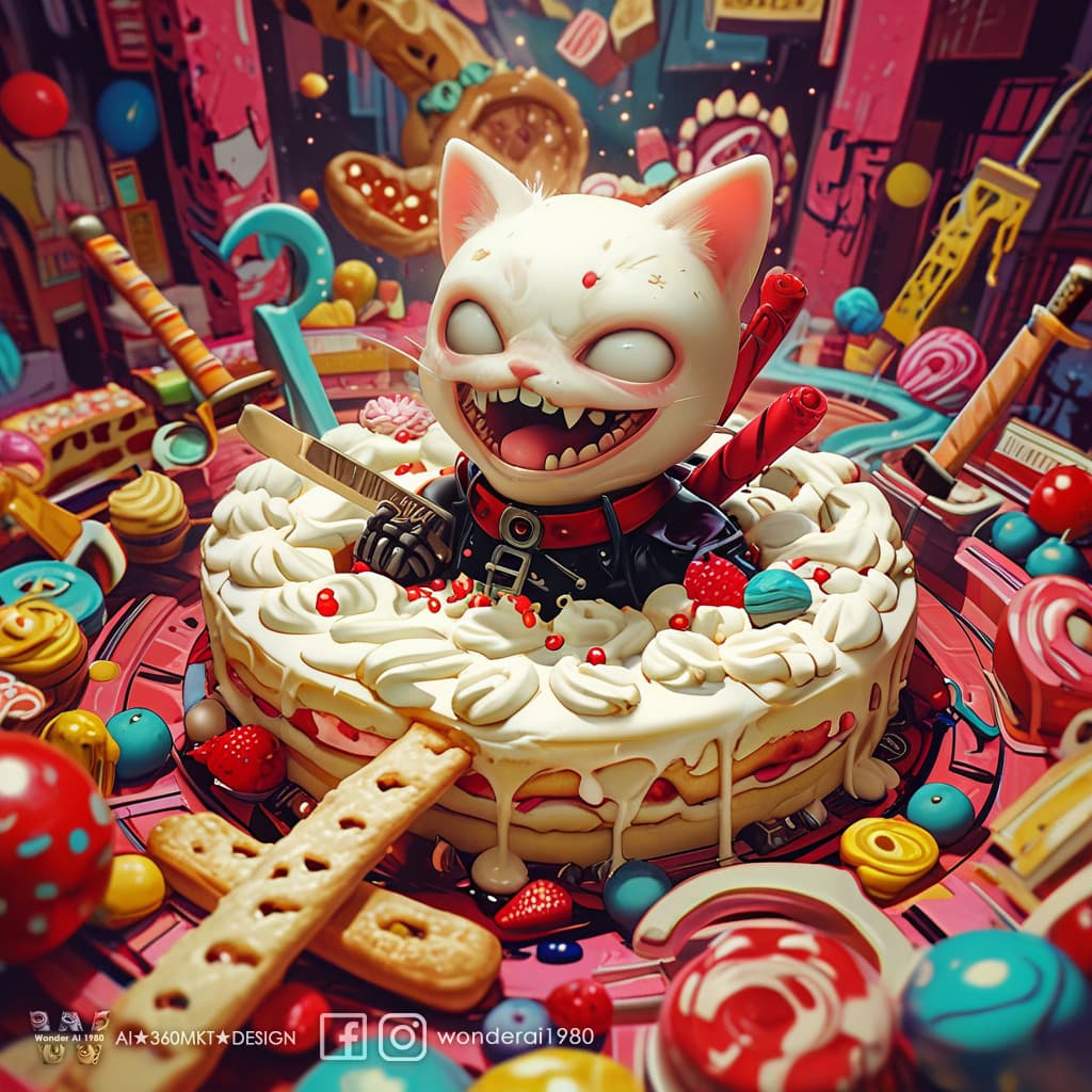 AI generated: striking visual tension and dramatic flair, huge sweet food maze, ((an anthropomorphic cream cat)), ...