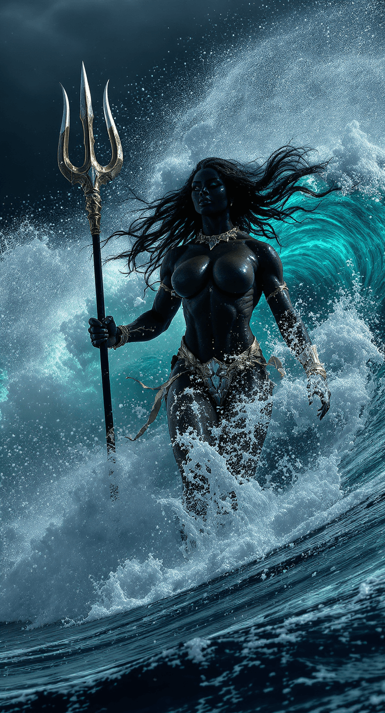 AI generated: Epic scene from Hollywood blockbuster. A Sea God, emerges from the water. 
