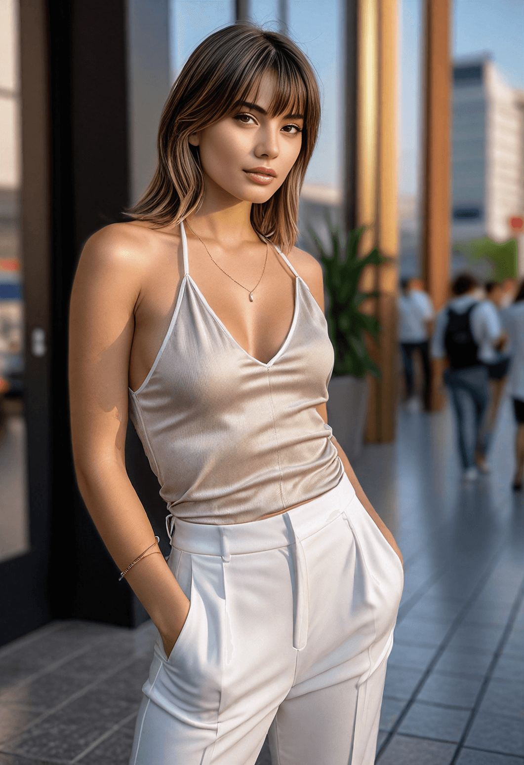 AI generated: A woman with shoulder-length wavy blonde hair with bangs, wearing a light beige halter top and white...