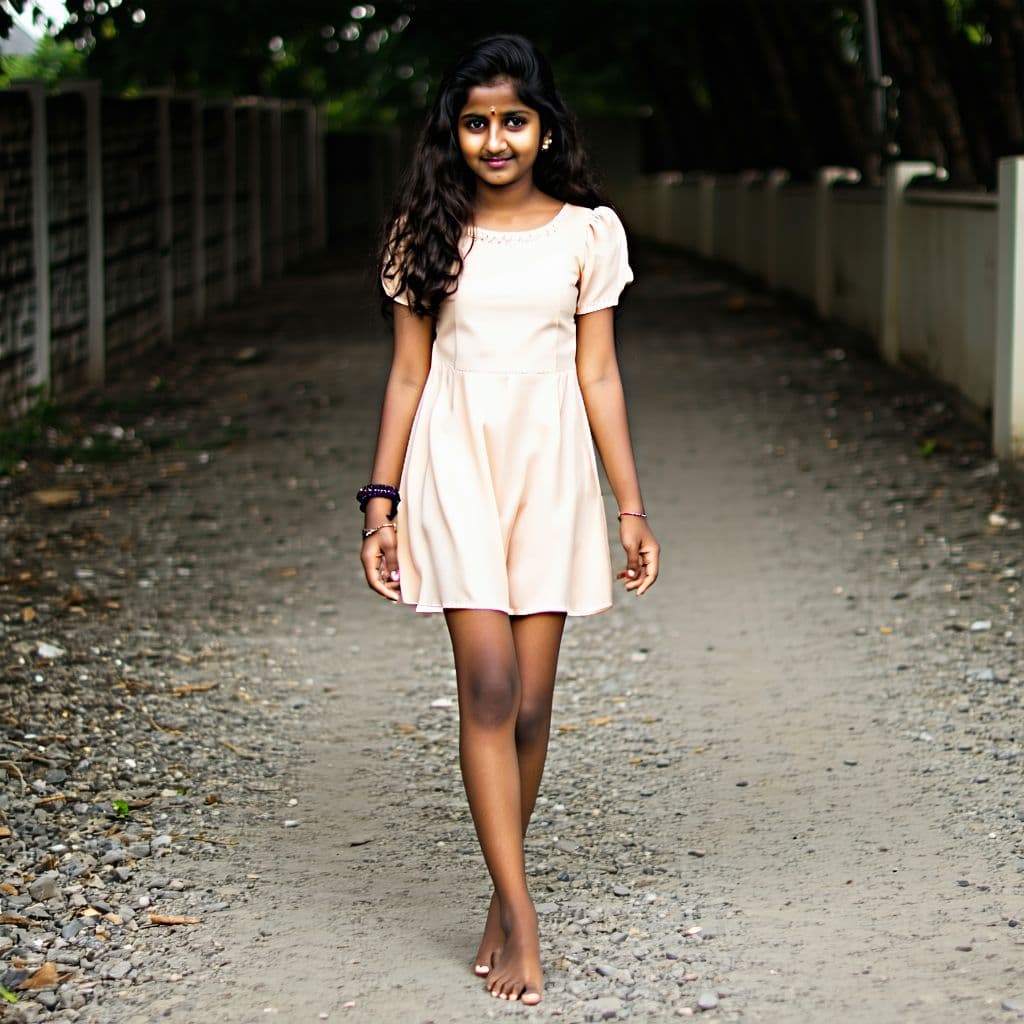 AI generated: Sinhala girl 19 years old walking on the dimly lit gravel path, with a small bosom, long wavy hair t...