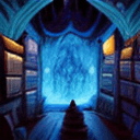 AI generated: a magicians chamber, filled with books, magic artifacs and magic weapons, lanterns, light from above...