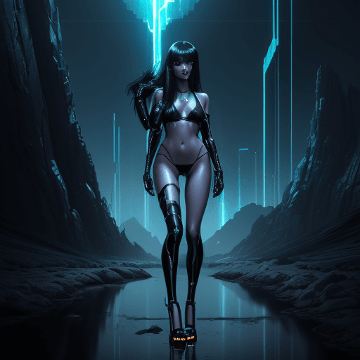 AI generated: DARK AND GLOWING landscape, stunning looking cyber girl,  lots of heavy reflective floor and other i...