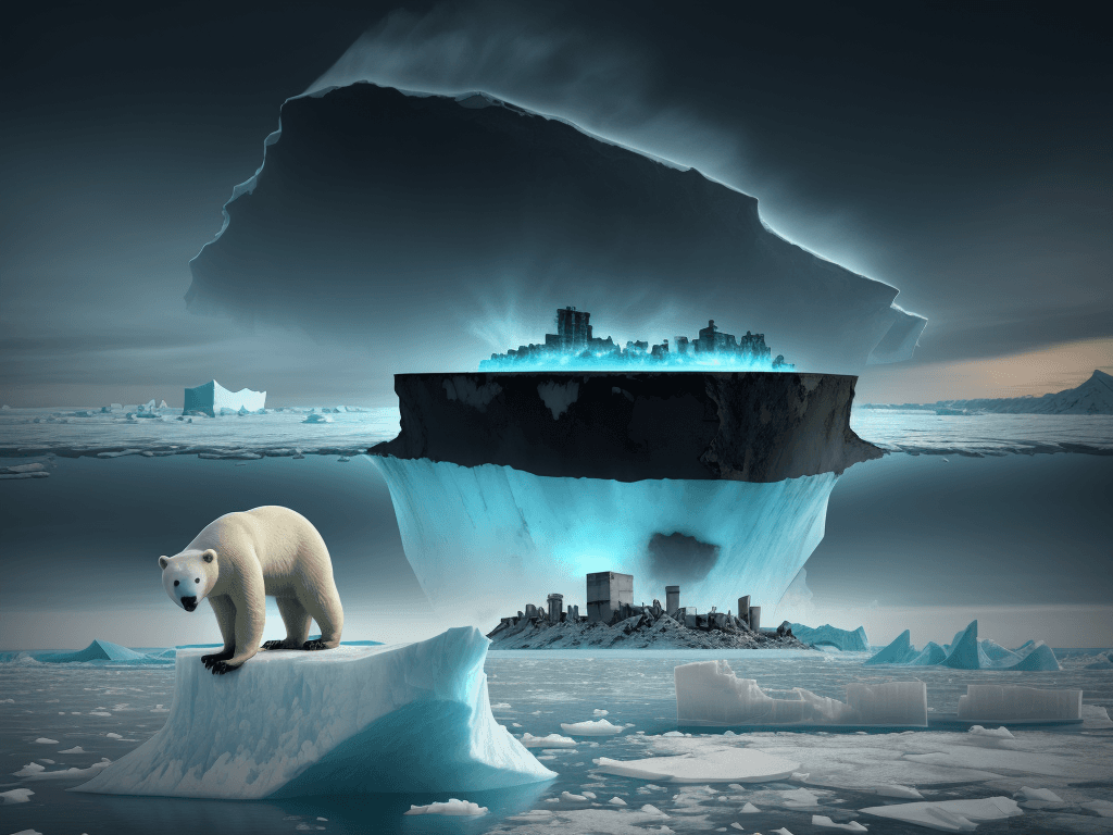 AI generated: post-apocalyptic landscape, of a polar bear, in a floating iceberg, in front of floating pollution, ...