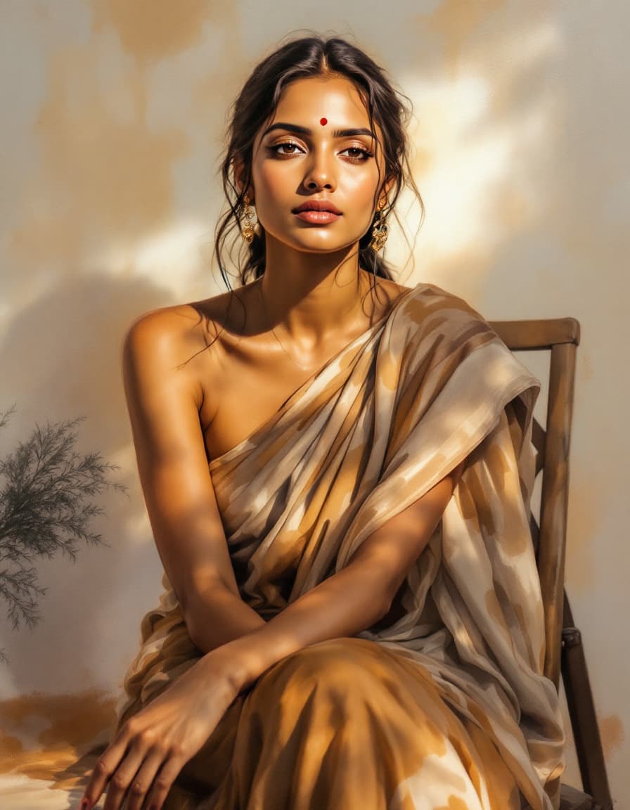 AI generated: An Indian woman in her late 20s, exuding a serene and contemplative mood, sits for a fine art portra...
