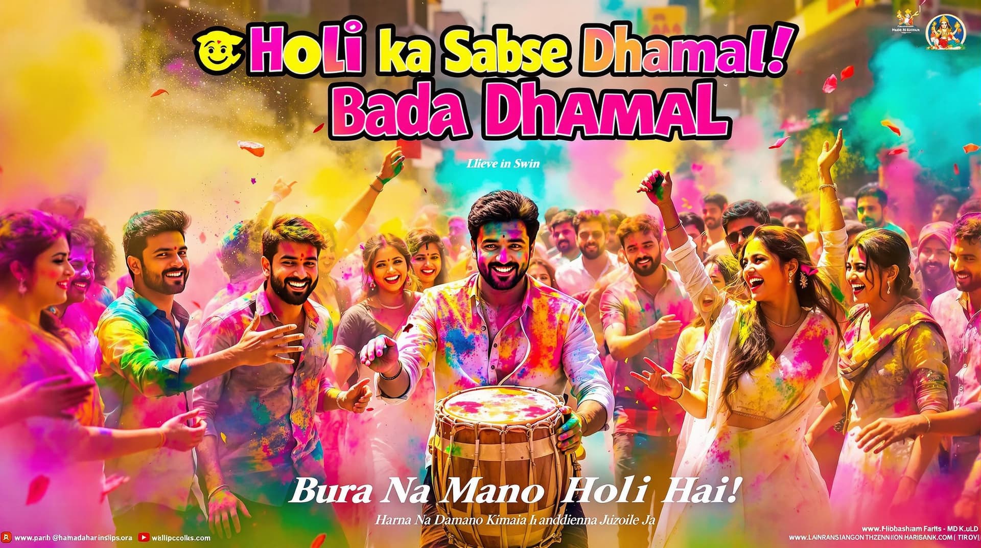 AI generated: "A vibrant and colorful Holi scene with a joyful Indian festival vibe. A group of young men and wome...