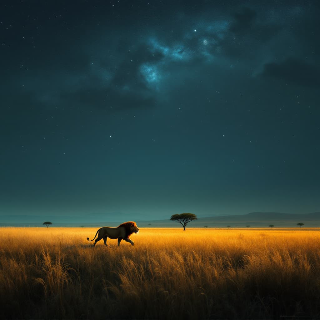 AI generated: Beneath a vast and infinite sky, the African savanna lies still under the spell of a quiet, moonlit ...