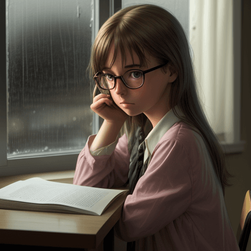 AI generated: lofi American girl with glasses looking at the horizon through the window, the scene takes place dur...