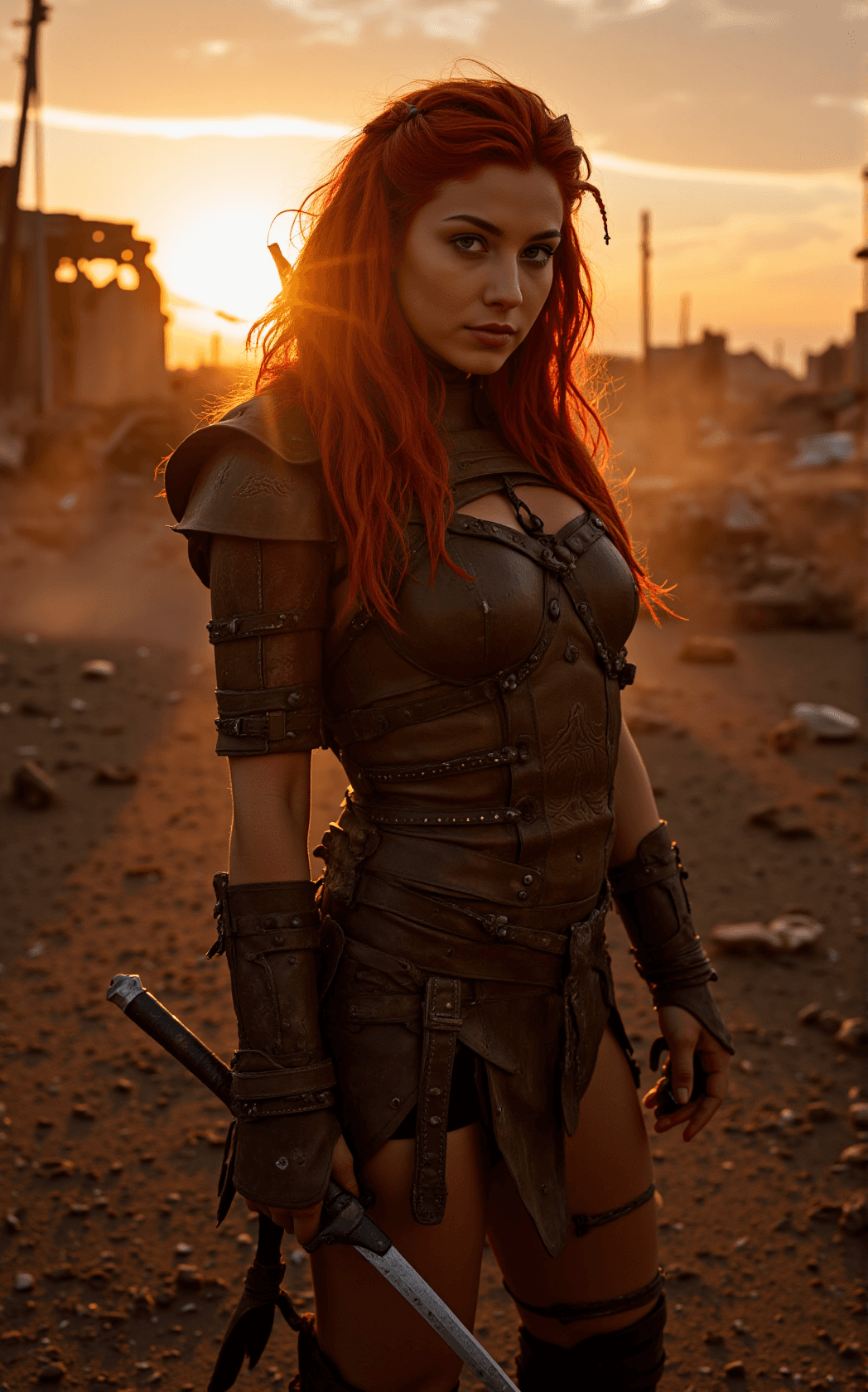 AI generated: In the desolate expanse of a post-apocalyptic wasteland, Zurline stands as a formidable warrior woma...