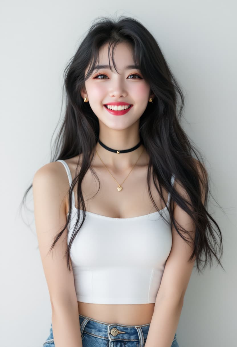 AI generated: full body portrait of korean girl with long, glossy black hair, Slicked-Back Bob haircut framing her...