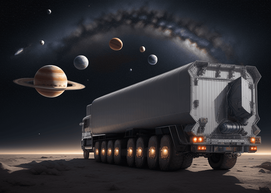 AI generated: (gigantic commercial vehicle:1.9) in form of Spacecraft, composed of stars and planets, set against ...
