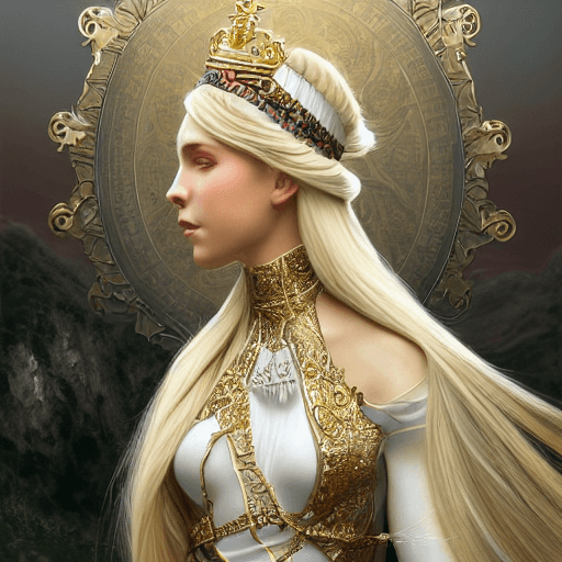 AI generated: portrait of a humanoid princess with long blonde hair, standing next to a beautiful view, ornate whi...