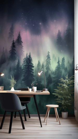 AI generated: Wallpaper, a breathtaking aurora over a tranquil forest, by a renowned animation studio, in the styl...