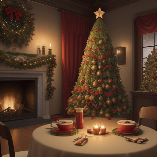 AI generated: High quality composition of an enchanting quality composition of Christmas tree on a table, cinnemat...