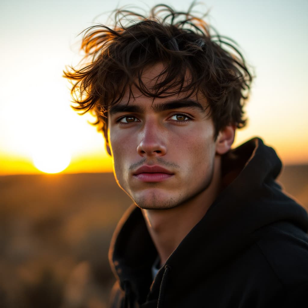 AI generated: A photo of an attractive young man with messy dark brown hair and fair skin standing outdoors at sun...