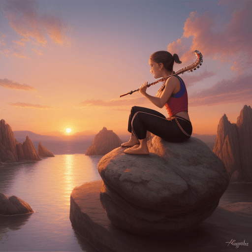 AI generated: Hyper realistic kinght playing flute on a rock with sunset