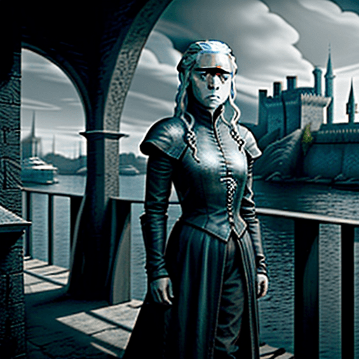 AI generated: A Game of Thrones style female rogue hiding in the shadows of a waterfront city





