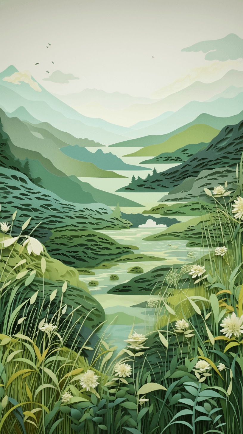 AI generated: Paper cut of a landscape, with muted colors, delicate blades of grass, Nicolaes Maes, Surreal, ether...