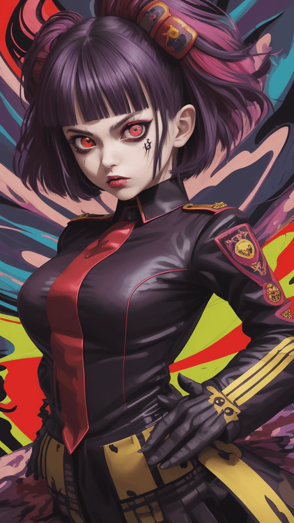 AI generated: funky background portrait of little 
Vampire woman. wearing army uniform, Prominent eyes, funky back...