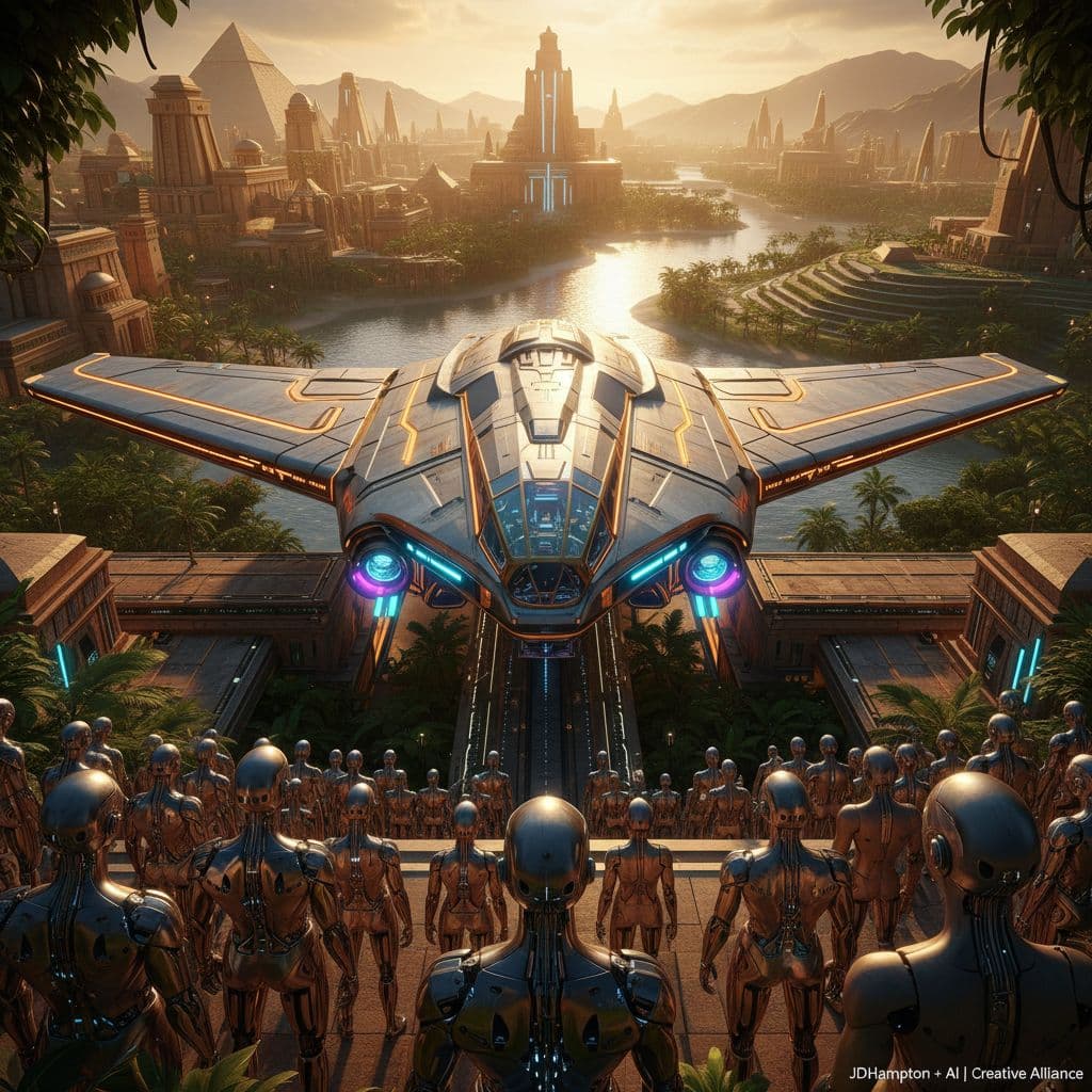 AI generated: A vast golden Abydos Eygpt City in the back of rich thick lush beautiful jungle  thives with rivers ...