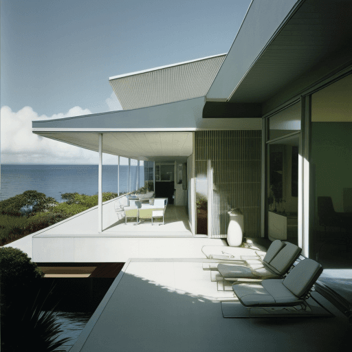 AI generated: Hyper realistic eye level exterior photo of a mid century modern style house overlooking the ocean, ...