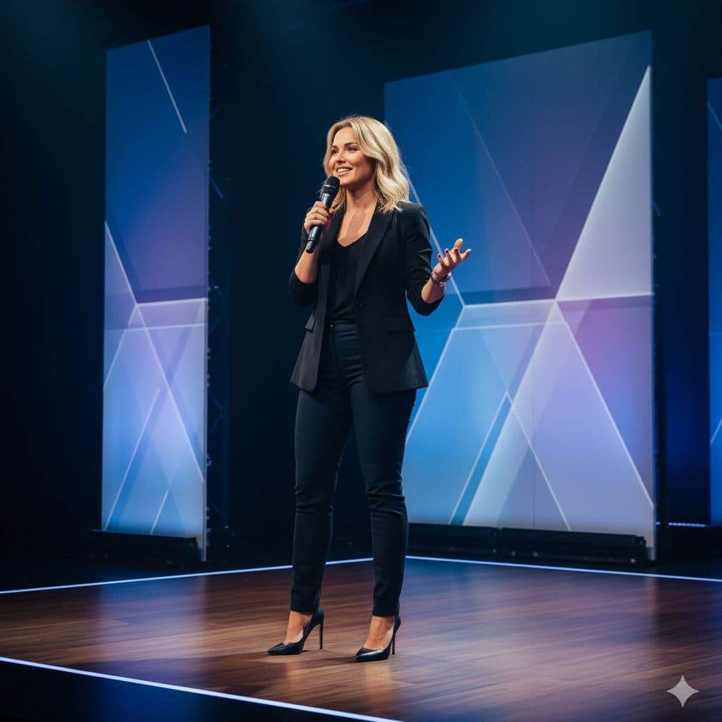 AI generated: Ultra-realistic photo of a professional woman giving a motivational talk on a modern conference stag...