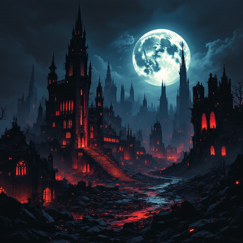 AI generated: a destroyed futuristic city landscape. noir comic style, red accents, dark tones, sharp contrasts, m...