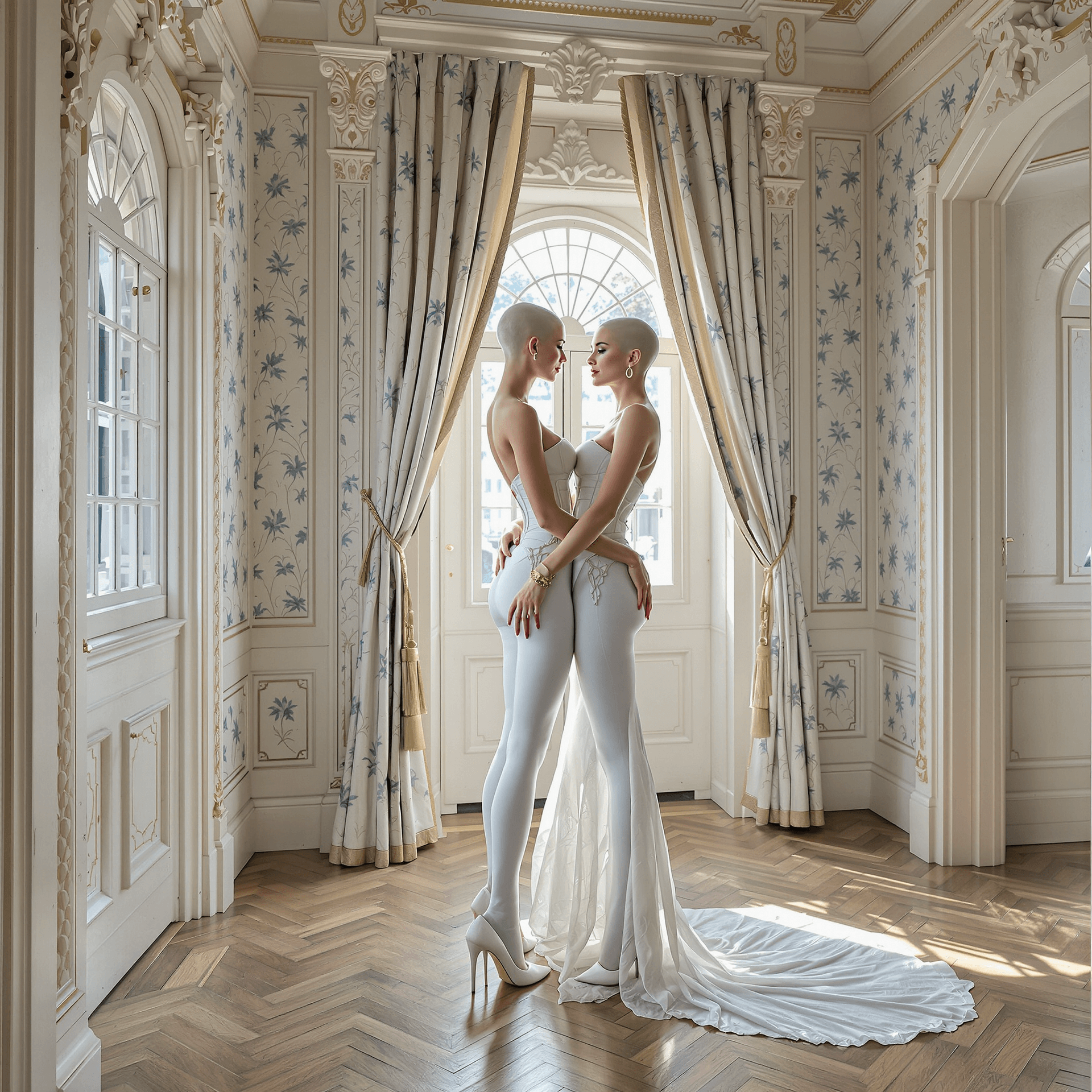 AI generated: Within an opulent realm of soft light and muted whispers, two women inhabit a wonderful world of lig...
