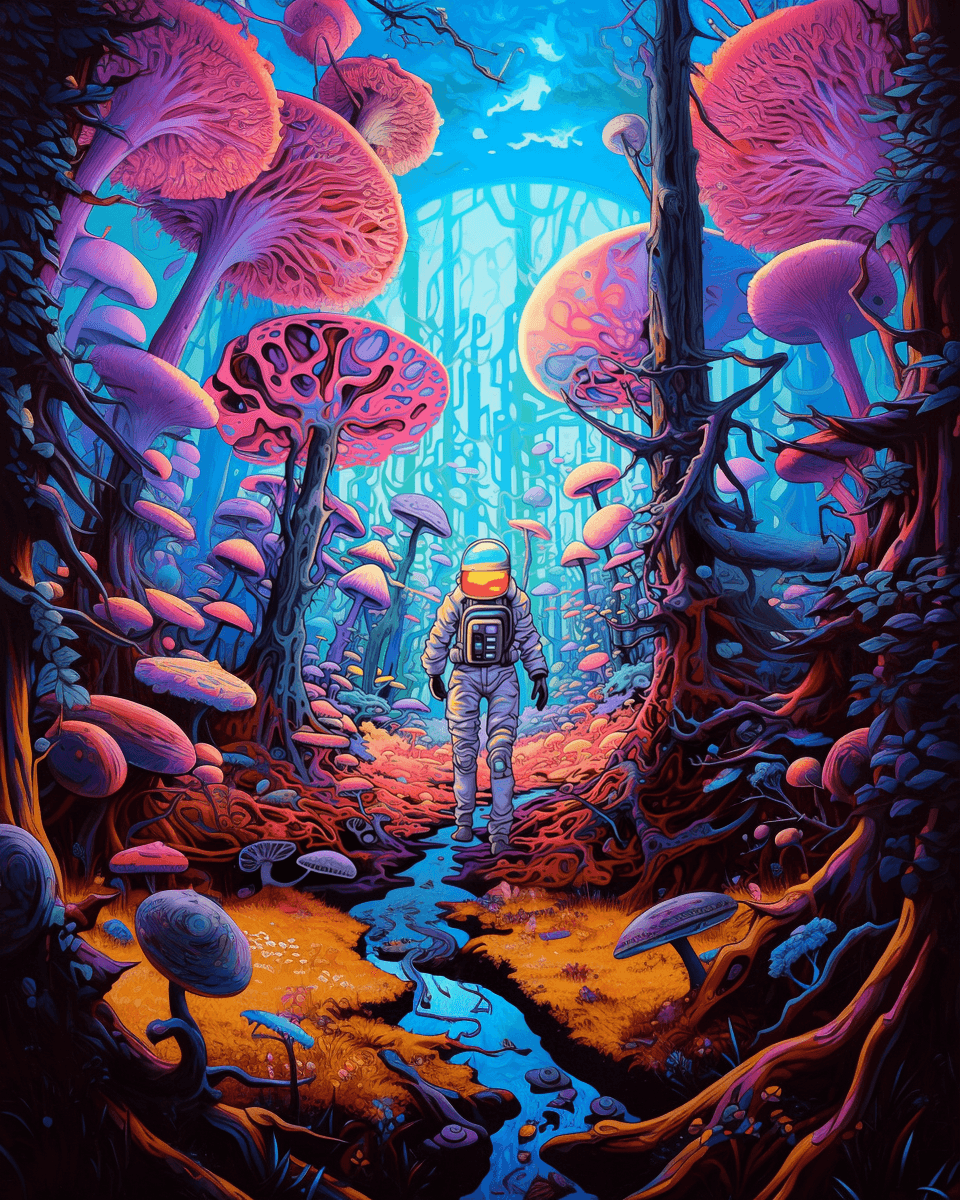 AI generated: astronaut in the mushroom forest, psychedelic mood, astral figures, morning light, clear sky, extrem...