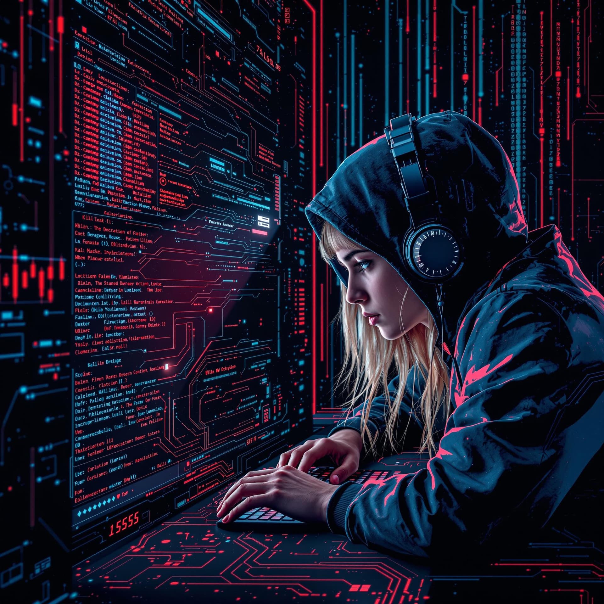 AI generated: A young, blonde, blue eyed hacker using Kali Linux to penetrate an advanced computer system.