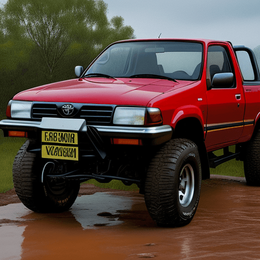 AI generated: Toyota Hilux, 1990s model, double cab, flame color, parked in front of a house. 265/75r16 tires, Met...
