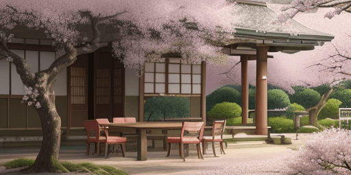 AI generated: Courtyard painted with tables, chairs and blossom trees, detailed scenery, beautiful anime scenery, ...